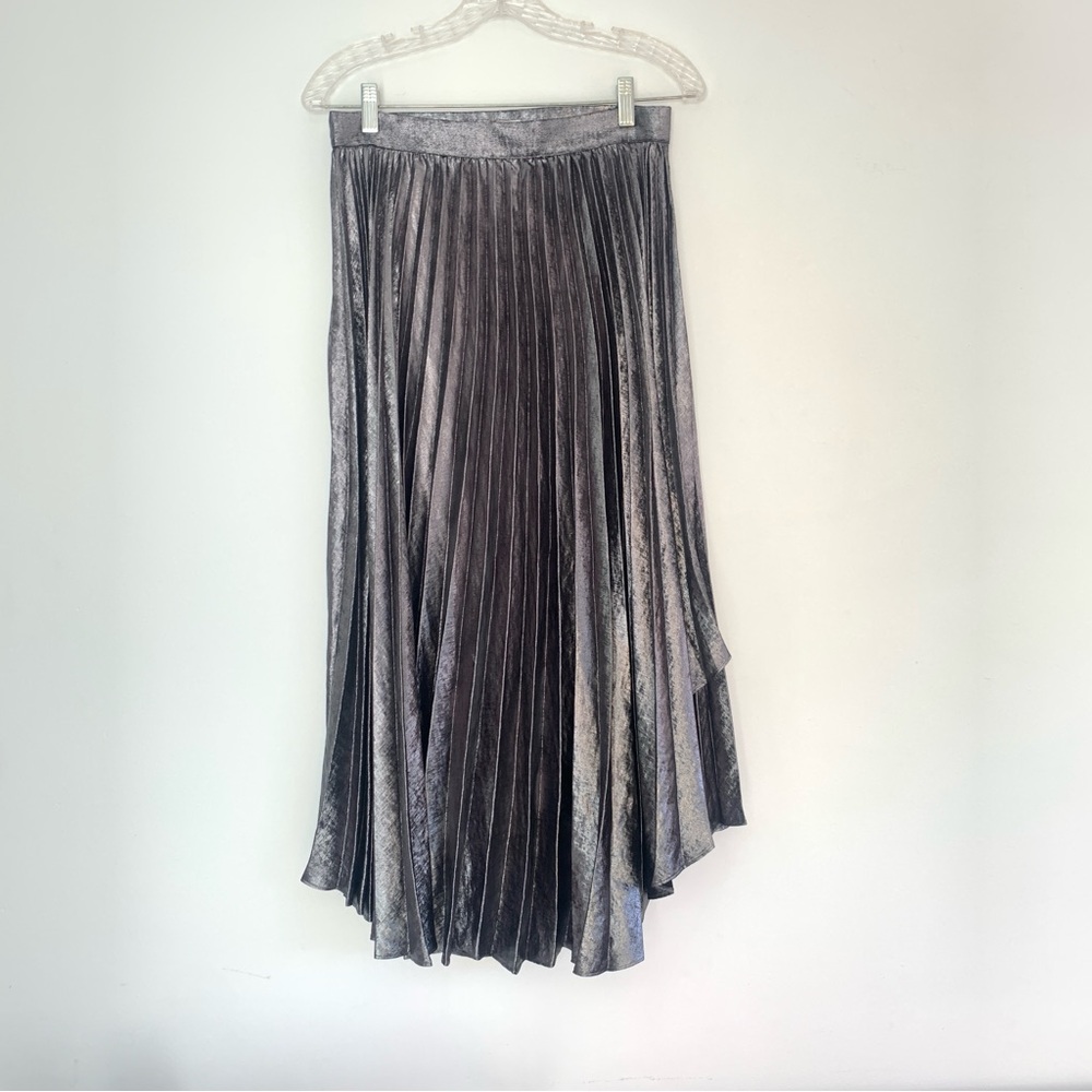 Banana Republic Pleated Metallic Asymmetrical Midi Skirt Silver